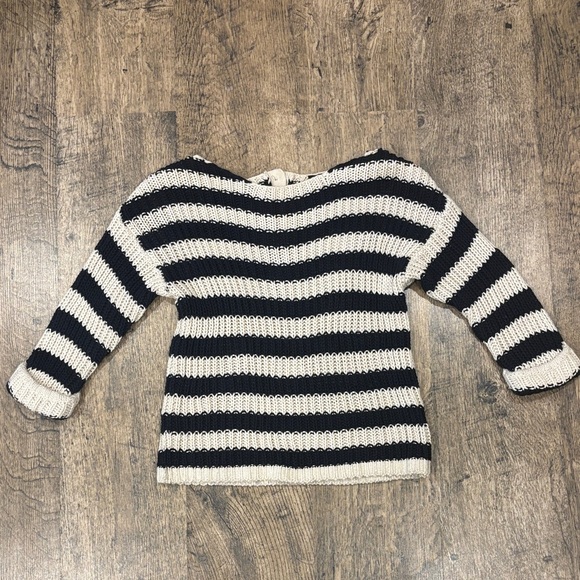 Topshop Off-Shoulder Sweater in Dark Blue and Cream Stripes. 100% Wool. - Picture 2 of 11